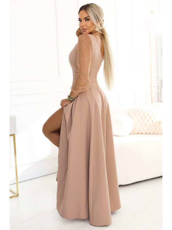 numoco LORETTA Jedinečné dlhé šaty s tylom rukávami a výstrihom - béžové
