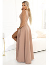 numoco LORETTA Jedinečné dlhé šaty s tylom rukávami a výstrihom - béžové