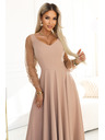 numoco LORETTA Jedinečné dlhé šaty s tylom rukávami a výstrihom - béžové