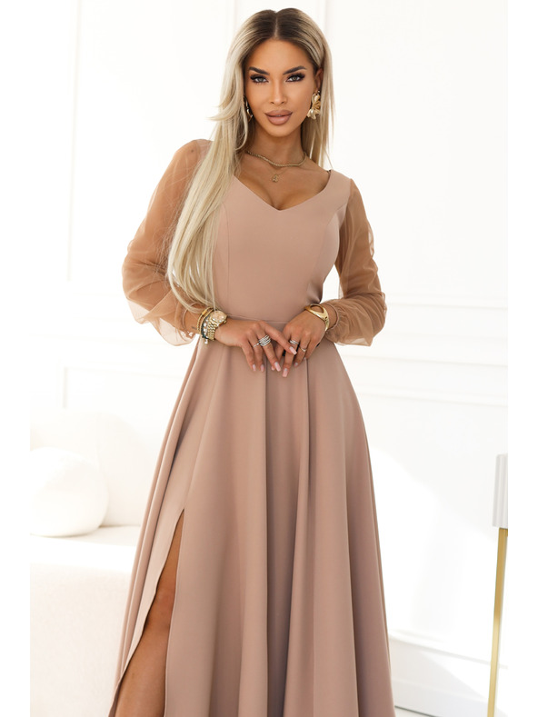 numoco LORETTA Jedinečné dlhé šaty s tylom rukávami a výstrihom - béžové