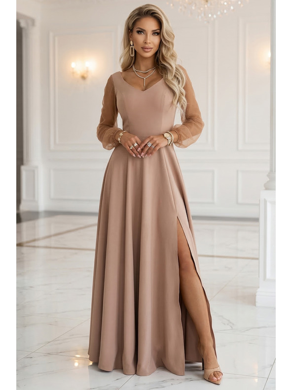 numoco LORETTA Jedinečné dlhé šaty s tylom rukávami a výstrihom - béžové