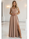 numoco LORETTA Jedinečné dlhé šaty s tylom rukávami a výstrihom - béžové