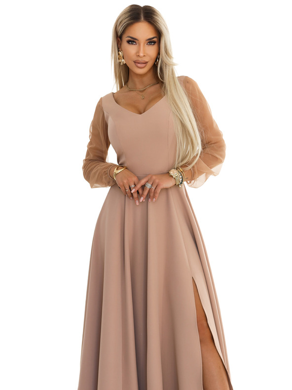 numoco LORETTA Jedinečné dlhé šaty s tylom rukávami a výstrihom - béžové