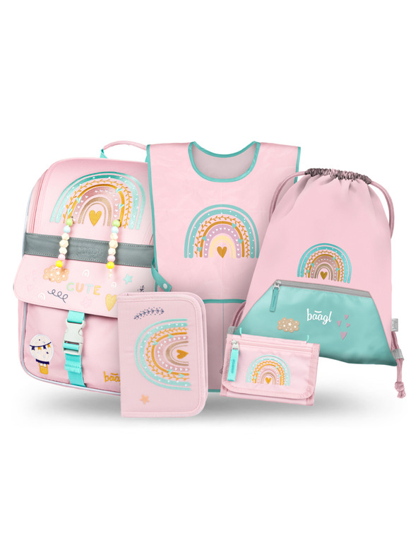 BAAGL  BAAGL SET 5 Zippy Duha ružový: aktovka, penal, vrecko, zástěra, peňaženka