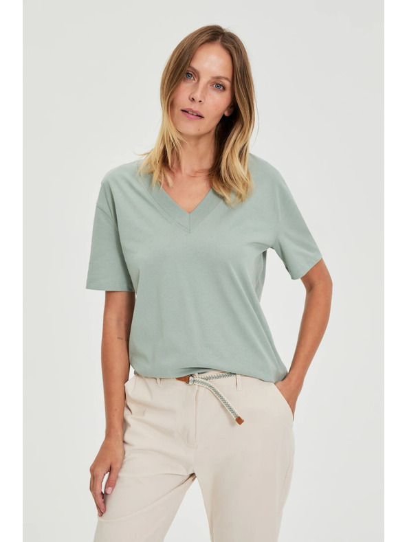 Moodo Bavlnená blúzka s výstrihom do "V" olivová Moodo