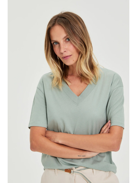 Moodo Bavlnená blúzka s výstrihom do "V" olivová Moodo