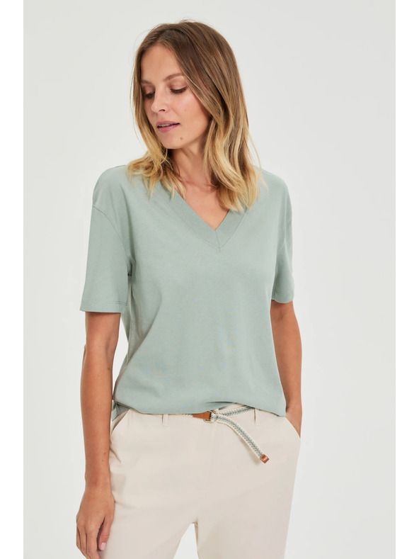 Moodo Bavlnená blúzka s výstrihom do "V" olivová Moodo