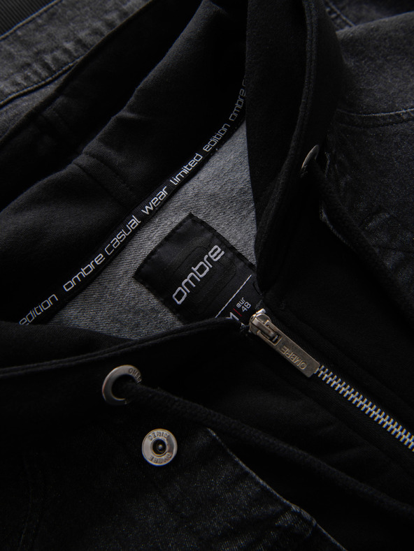 Ombre Clothing Pánska džínsová bunda s pletenými rukávmi a kapucňou - čierna V3 OM-JADJ-0220 Ombre Clothing