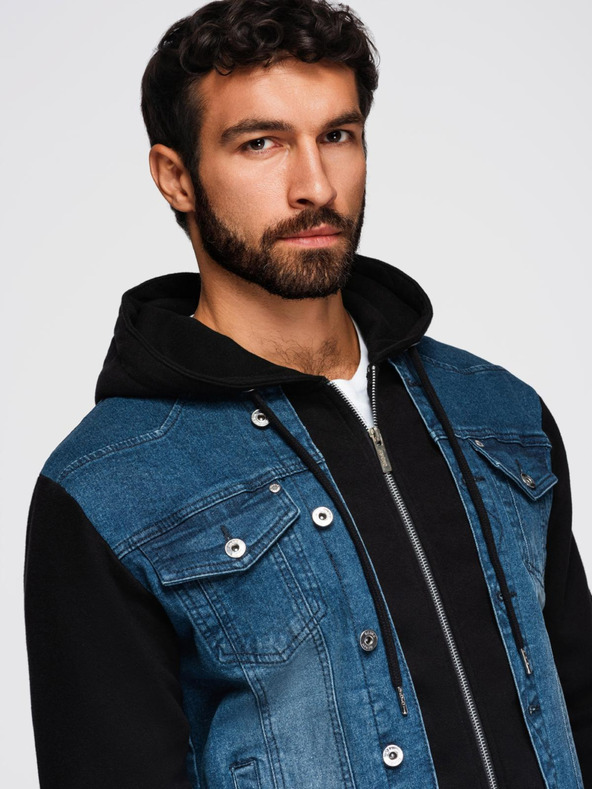 Ombre Clothing Pánska džínsová bunda s pletenými rukávmi a kapucňou - modrá a čierna V2 OM-JADJ-0220 Ombre Clothing