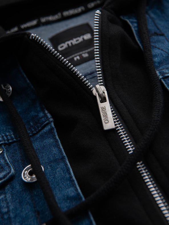 Ombre Clothing Pánska džínsová bunda s pletenými rukávmi a kapucňou - modrá a čierna V2 OM-JADJ-0220 Ombre Clothing