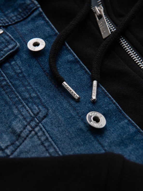 Ombre Clothing Pánska džínsová bunda s pletenými rukávmi a kapucňou - modrá a čierna V2 OM-JADJ-0220 Ombre Clothing