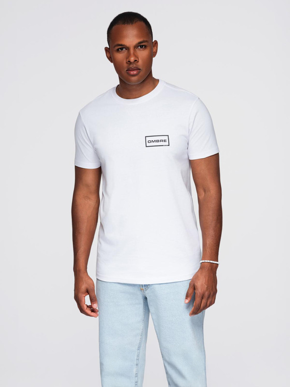 Ombre Clothing Pánske pletené tričko REGULAR strihu s potlačou - biele V1 OM-TSPT-0231 Ombre Clothing