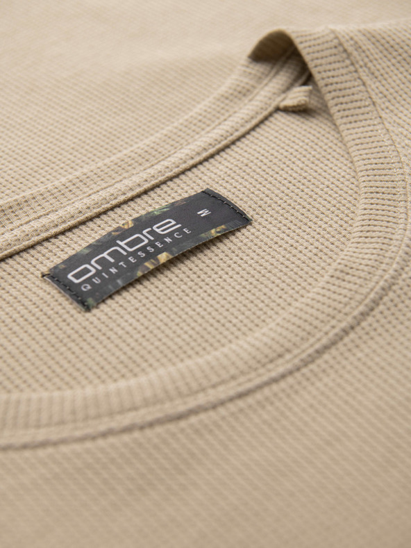 Ombre Clothing Pánske tričko s okrúhlym výstrihom a vafľovou štruktúrou - piesok V2 OM-TSCT-0197 Ombre Clothing