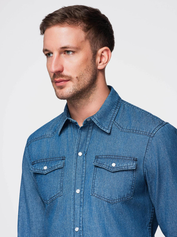 Ombre Clothing Pánska džínsová košeľa na cvočky s vreckami - modrá V2 OM-SHDS-0210 Ombre Clothing