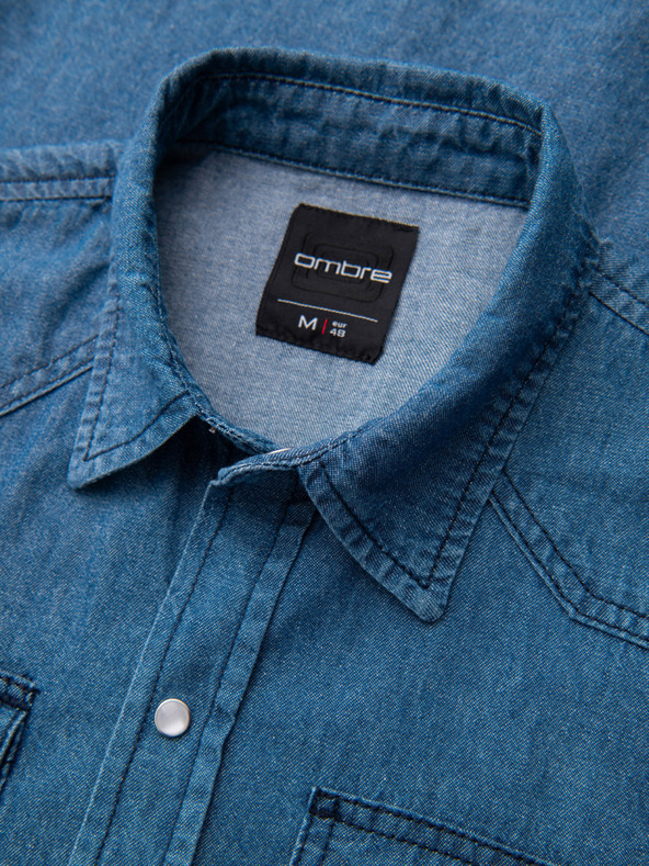 Ombre Clothing Pánska džínsová košeľa na cvočky s vreckami - modrá V2 OM-SHDS-0210 Ombre Clothing