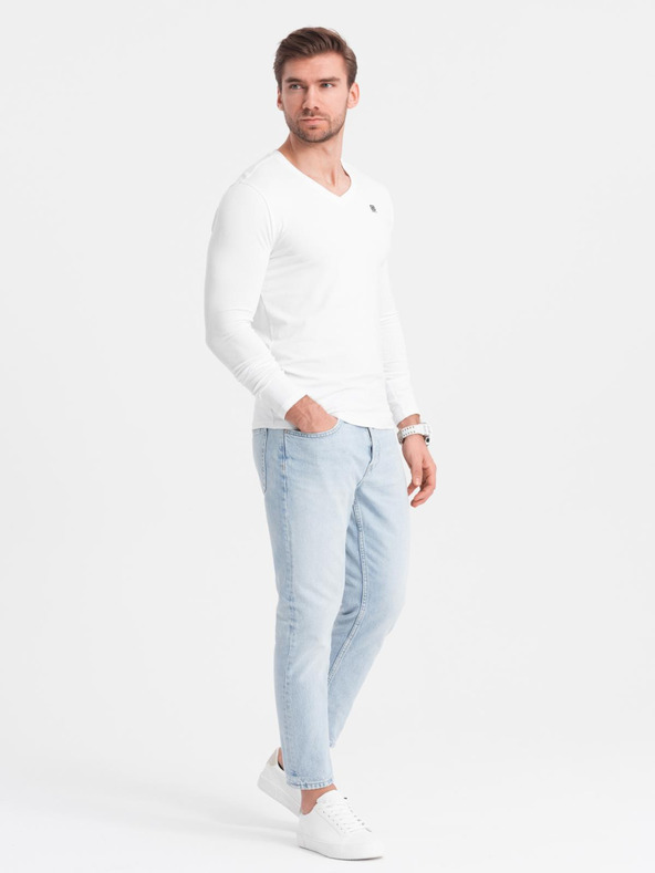 Ombre Clothing Pánska sada SLIM FIT s dlhým rukávom, V-výstrihom a logom 2-pack - 2x biela V4 Z103 Ombre Clothing