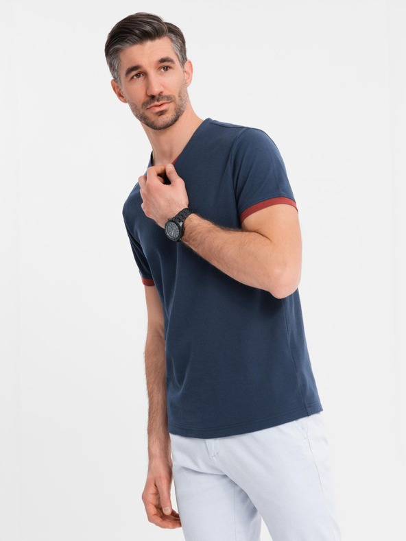 Ombre Clothing Pánske tričko s kontrastnými vložkami a výstrihom - tmavo modré V1 OM-TSCT-0198 Ombre Clothing