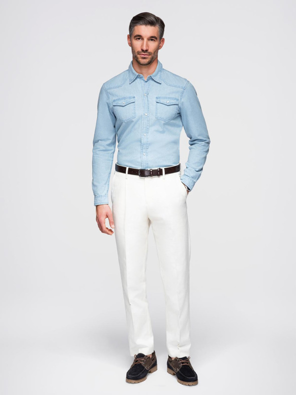Ombre Clothing Pánska džínsová košeľa s vreckami na cvočky - svetlo modrá V1 OM-SHDS-0210 Ombre Clothing
