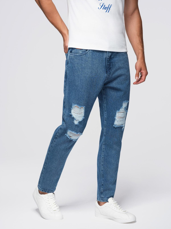 Ombre Clothing Pánske džínsové nohavice CARROT FIT s ostrihnutými okrajmi - modré V2 OM-PADP-0250 Ombre Clothing