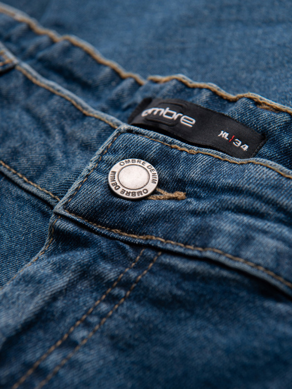 Ombre Clothing Pánske džínsové nohavice REGULAR FIT s ostrihnutím - tmavo modré V2 OM-PADP-0254 Ombre Clothing