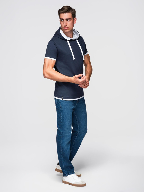 Ombre Clothing Pánske bavlnené tričko s kapucňou - tmavo modré V4 OM-TSCT-0256 Ombre Clothing