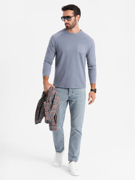 Ombre Clothing Pánske bavlnené dlhé rukávy s vaflovou väzbou a vreckami - modrá džínsovina V8 OM-LSCL-0109 Ombre Clothing