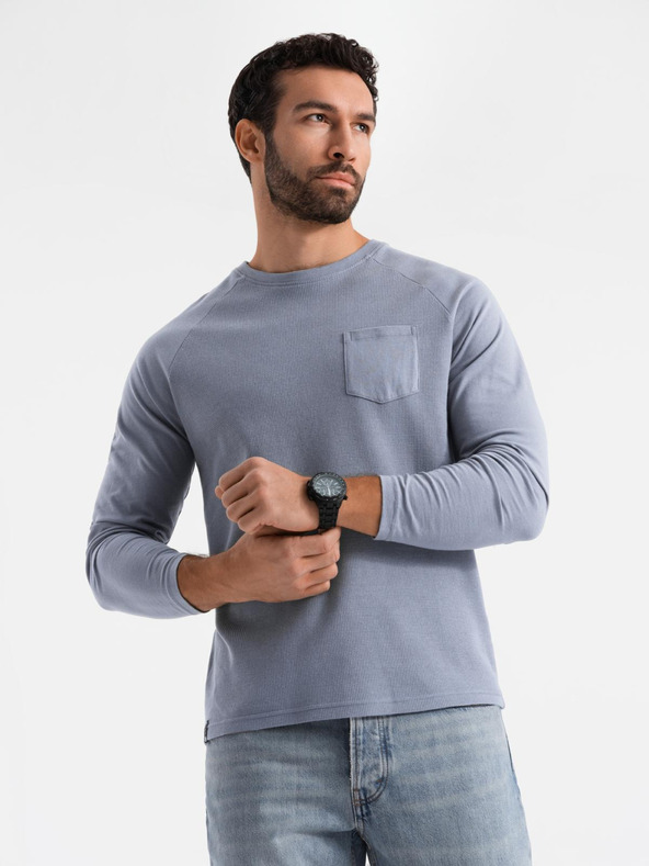 Ombre Clothing Pánske bavlnené dlhé rukávy s vaflovou väzbou a vreckami - modrá džínsovina V8 OM-LSCL-0109 Ombre Clothing