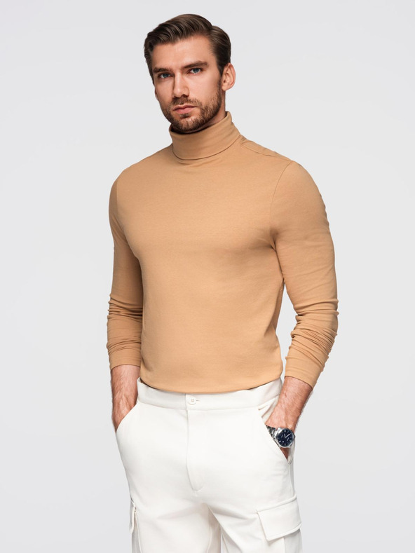 Ombre Clothing Pánsky roláik s dlhým rukávom - svetlo hnedý V5 OM-LSCL-0130 Ombre Clothing