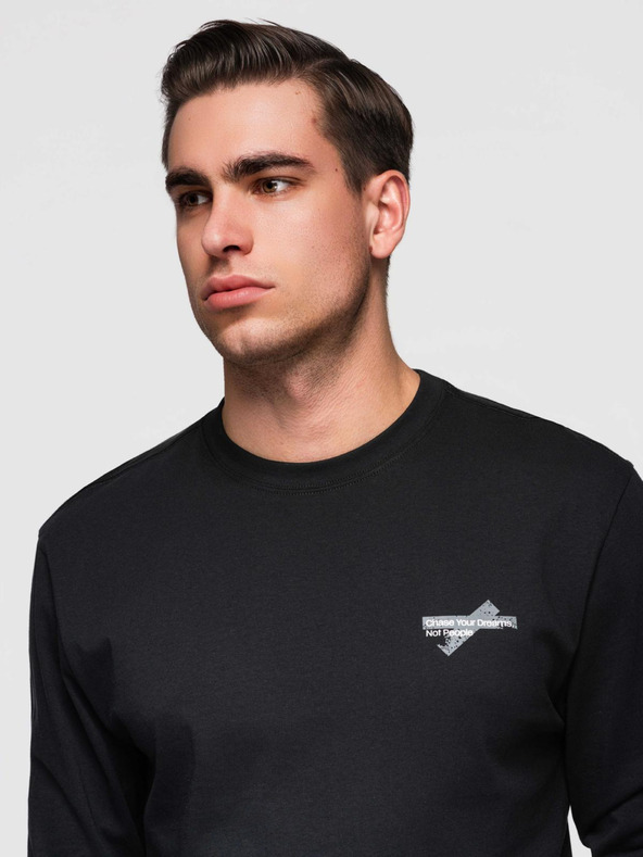 Ombre Clothing Pánske bavlnené tričko s dlhým rukávom a okrúhlym výstrihu - čierne V2 OM-LSPT-0136 Ombre Clothing