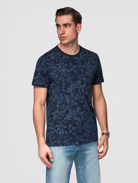 Ombre Clothing Pánske bavlnené tričko s kvetinovou potlačou - tmavo modré V4 OM-TSFP-0262 Ombre Clothing