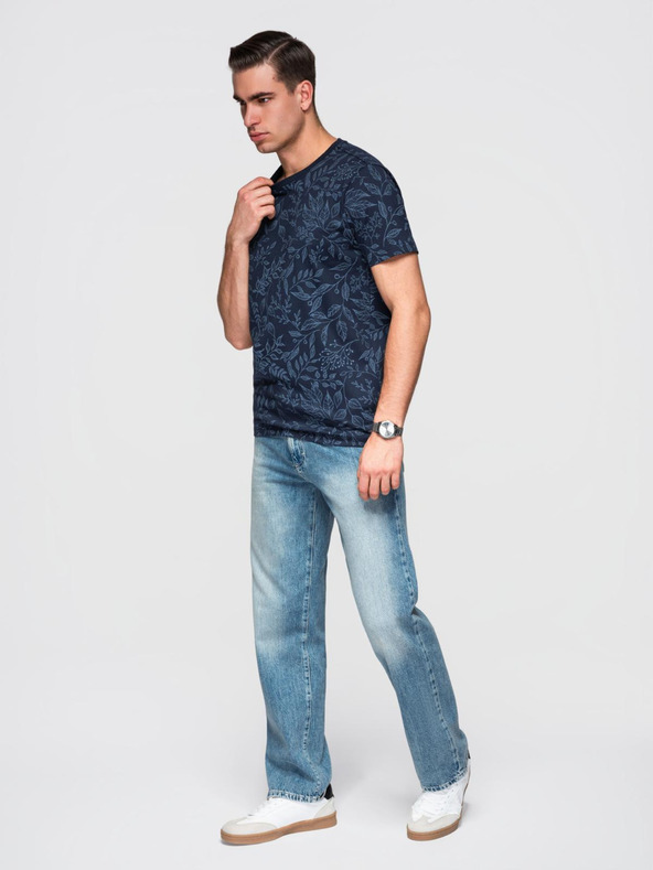 Ombre Clothing Pánske bavlnené tričko s kvetinovou potlačou - tmavo modré V4 OM-TSFP-0262 Ombre Clothing