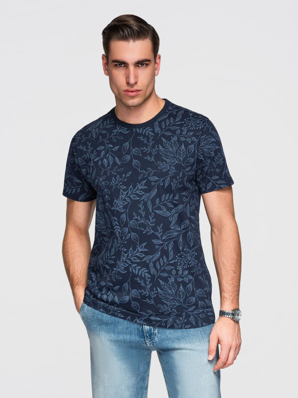 Ombre Clothing Pánske bavlnené tričko s kvetinovou potlačou - tmavo modré V4 OM-TSFP-0262 Ombre Clothing