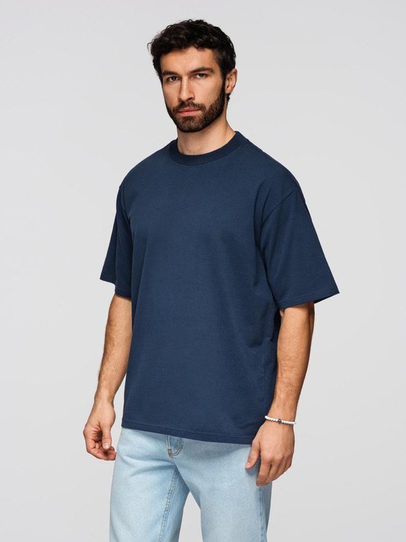 Ombre Clothing Pánske bavlnené tričko LOOSE FIT s okrúhlym výstrihu - tmavo modré V9 OM-TSBC-0267 Ombre Clothing