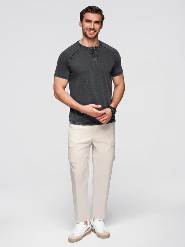 Ombre Clothing Pánske tričko s pracím efektom a gombíkami u výstrihu - čierne V1 OM-TSWT-0150 Ombre Clothing