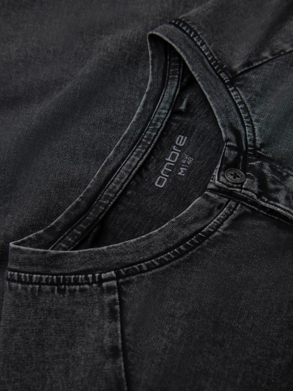 Ombre Clothing Pánske tričko s pracím efektom a gombíkami u výstrihu - čierne V1 OM-TSWT-0150 Ombre Clothing