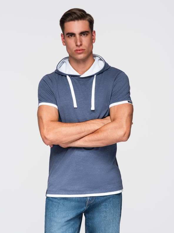 Ombre Clothing Pánske bavlnené tričko s kapucňou - tmavo modrá melanž V12 OM-TSCT-0256 Ombre Clothing