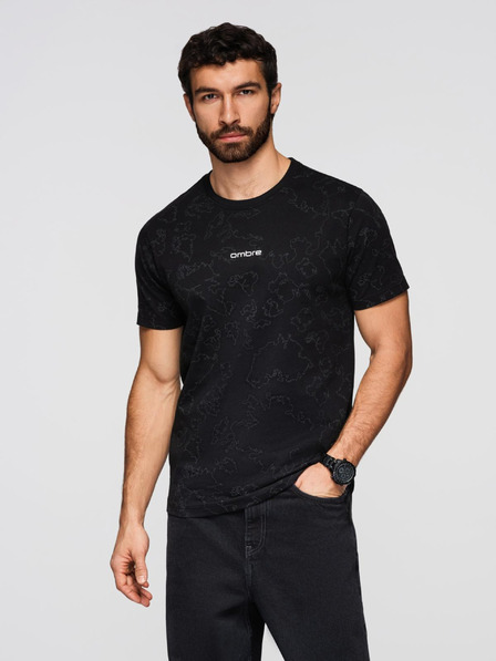 Ombre Clothing Pánske bavlnené tričko s celoplošnou potlačou a nápisom "ombre" na hrudi - čierne V1 OM-TSFP-0263 Ombre Clothing