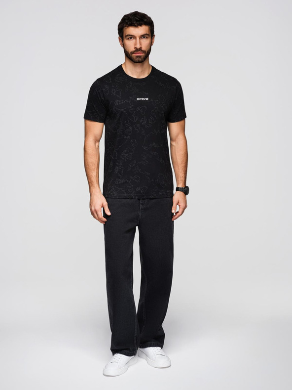 Ombre Clothing Pánske bavlnené tričko s celoplošnou potlačou a nápisom "ombre" na hrudi - čierne V1 OM-TSFP-0263 Ombre Clothing