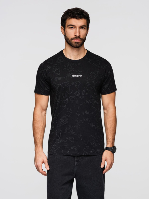 Ombre Clothing Pánske bavlnené tričko s celoplošnou potlačou a nápisom "ombre" na hrudi - čierne V1 OM-TSFP-0263 Ombre Clothing