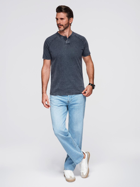 Ombre Clothing Pánske tričko s pracím efektom a gombíkmi pri výstrihom - tmavo modré V2 OM-TSWT-0150 Ombre Clothing