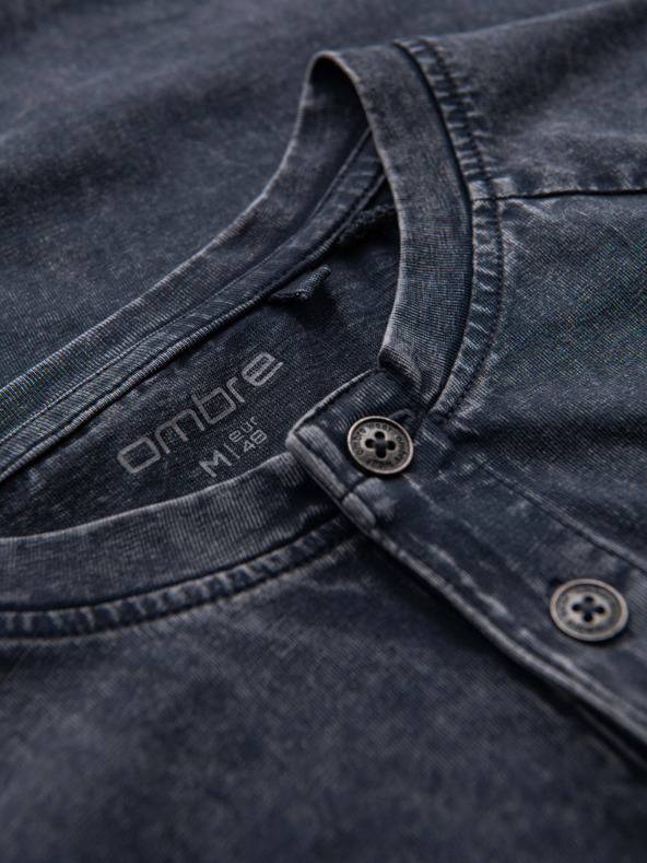 Ombre Clothing Pánske tričko s pracím efektom a gombíkmi pri výstrihom - tmavo modré V2 OM-TSWT-0150 Ombre Clothing