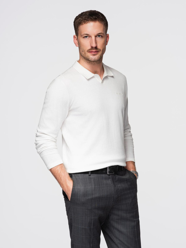 Ombre Clothing Pánsky polo sveter s výšivkou na hrudi - biely V2 OM-POLS-0140 Ombre Clothing