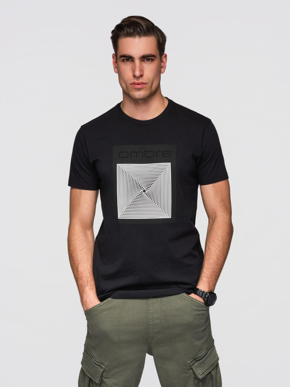 Ombre Clothing Pánske bavlnené tričko s geometrickou potlačou - čierne V1 OM-TSPT-0260 Ombre Clothing