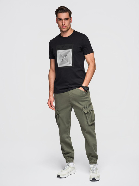 Ombre Clothing Pánske bavlnené tričko s geometrickou potlačou - čierne V1 OM-TSPT-0260 Ombre Clothing