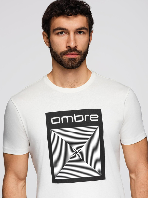 Ombre Clothing Pánske bavlnené tričko s geometrickou potlačou - biele V2 OM-TSPT-0260 Ombre Clothing
