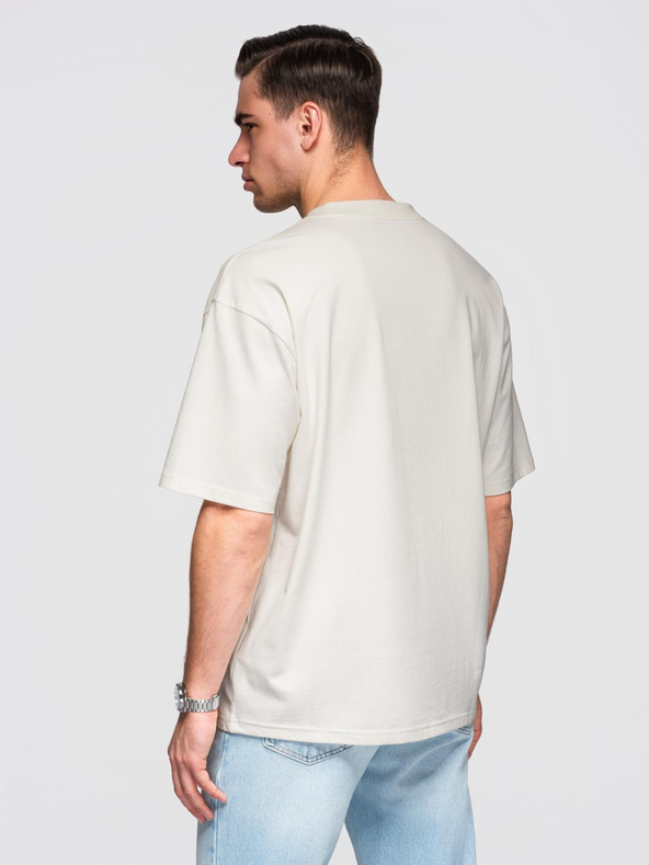Ombre Clothing Pánske bavlnené tričko LOOSE FIT s okrúhlym výstrihom - ecru V2 OM-TSBC-0267 Ombre Clothing