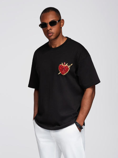 Ombre Clothing Pánske bavlnené tričko s aplikáciou šperkov na hrudi - čierne V1 OM-TSCT-0290 Ombre Clothing