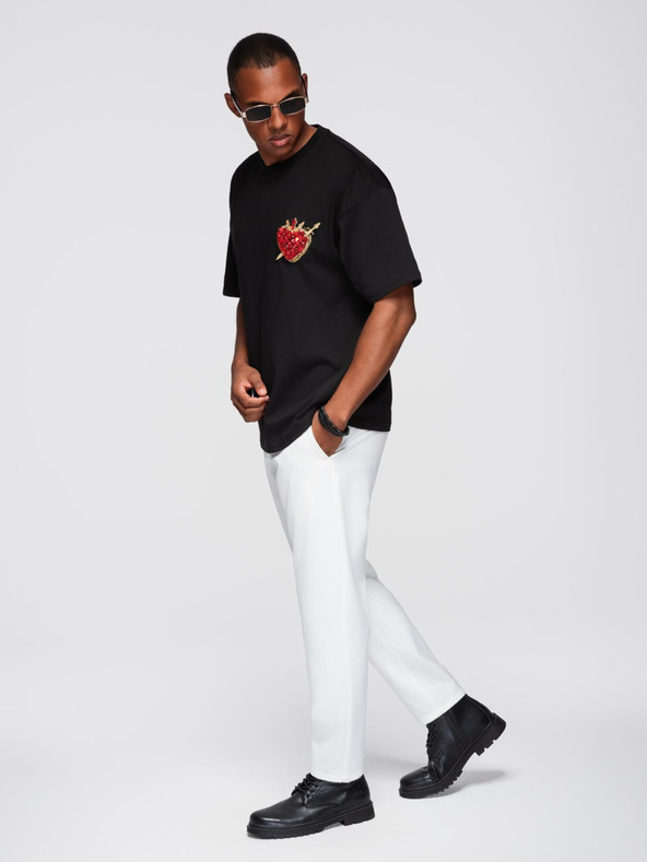 Ombre Clothing Pánske bavlnené tričko s aplikáciou šperkov na hrudi - čierne V1 OM-TSCT-0290 Ombre Clothing