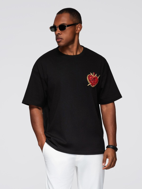 Ombre Clothing Pánske bavlnené tričko s aplikáciou šperkov na hrudi - čierne V1 OM-TSCT-0290 Ombre Clothing