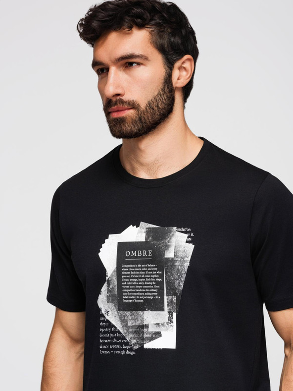 Ombre Clothing Pánske bavlnené tričko so zaujímavou potlačou na hrudi - čierne V1 OM-TSPT-0261 Ombre Clothing